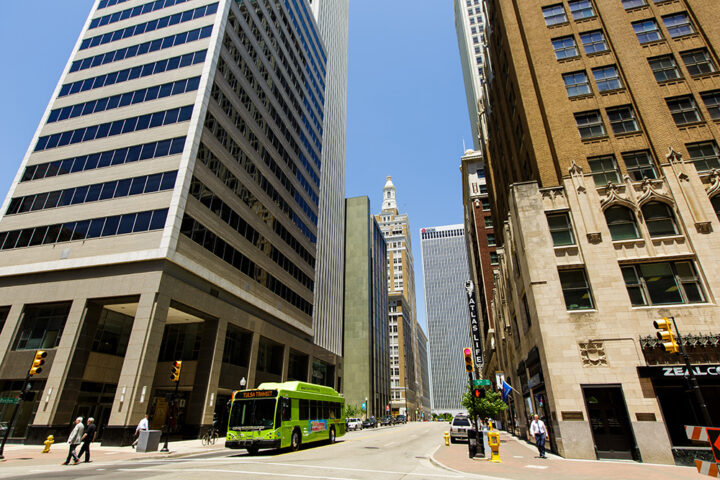 bus between two high rises