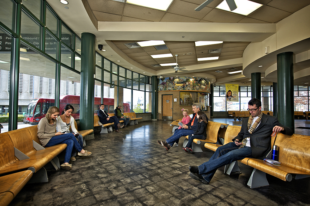 riders waiting in the hub lobby